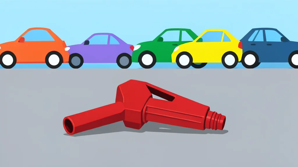 A fuel pump nozzle resting on a concrete surface next to a row of parked cars
