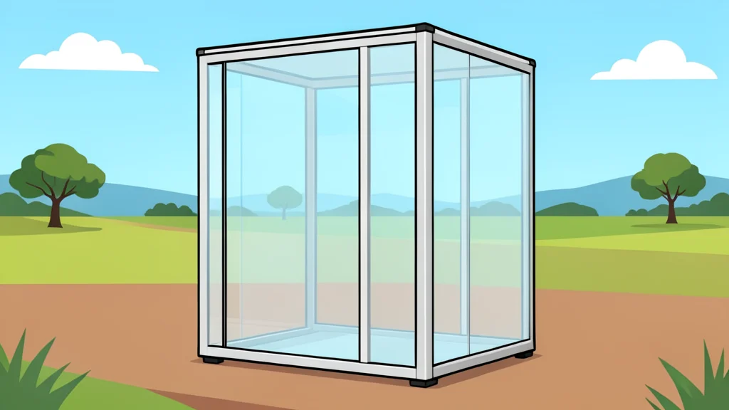A transparent, box-like medical isolation unit standing in a rural landscape.
