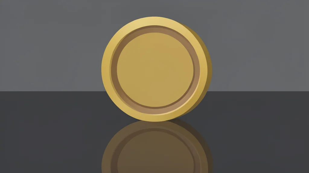 A digital coin resting on a smooth, reflective surface