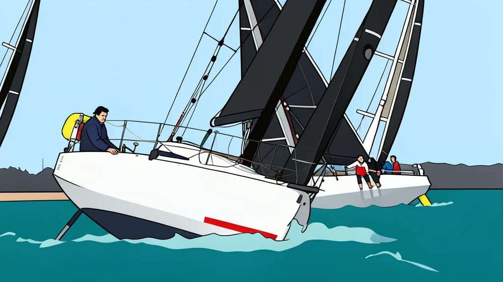A white sailboat with a tall mast cutting through choppy blue ocean waves under a bright sky