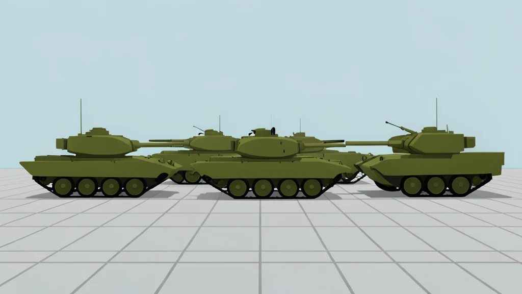 A row of olive green military tanks parked on a paved square