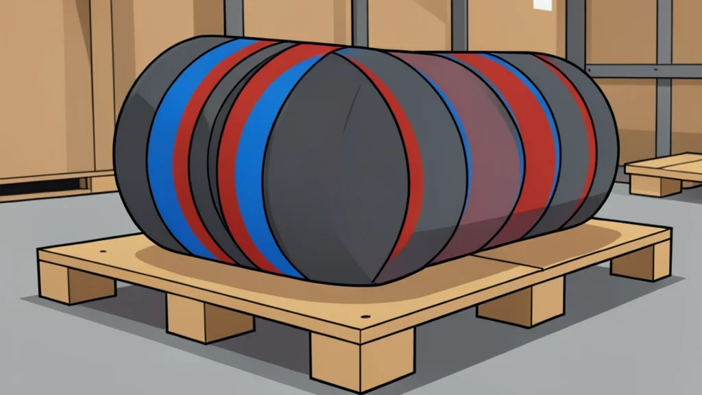 A bundle of thick, insulated electrical cables coiled on a wooden pallet in a warehouse