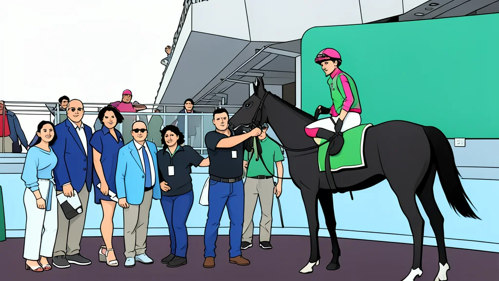 A flat-vector illustration of a horse racing track with green turf and a grandstand in the background.