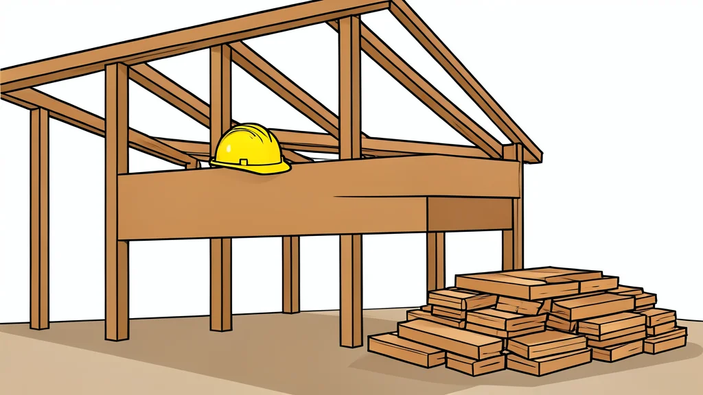 A wooden house frame under construction with a pile of lumber and a hard hat resting on a beam