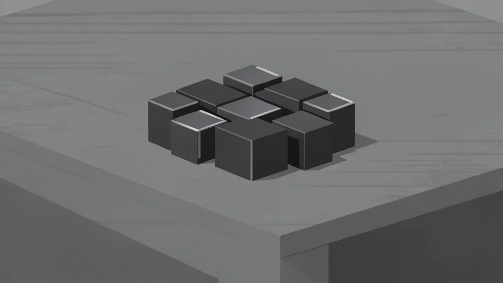A cluster of small, dark grey rectangular blocks with a metallic sheen resting on a textured industrial workbench surface.