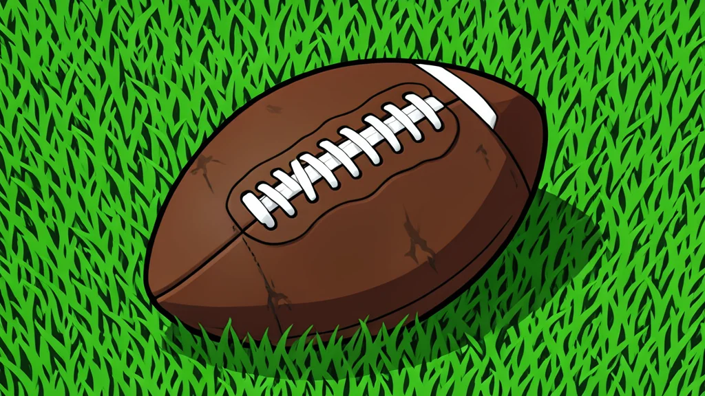A wooden football resting on green artificial turf