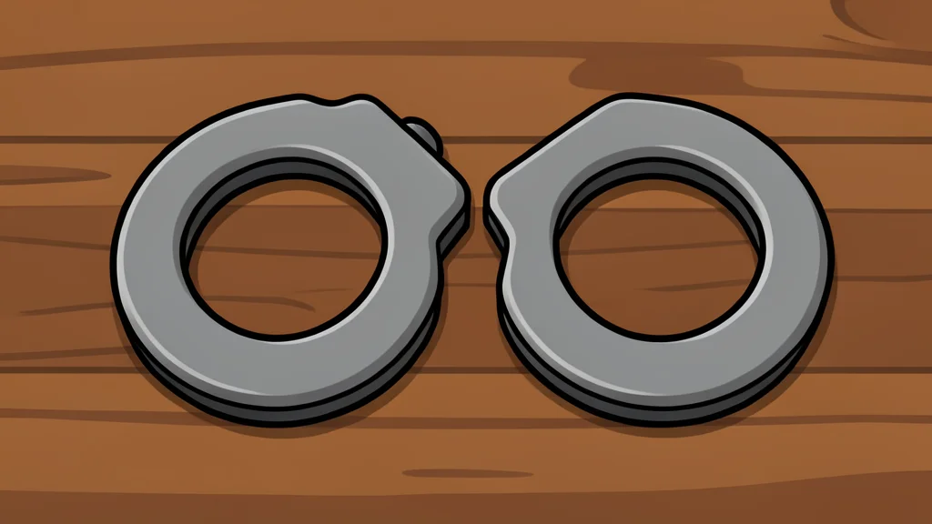 A pair of heavy iron handcuffs resting on a rough wooden table