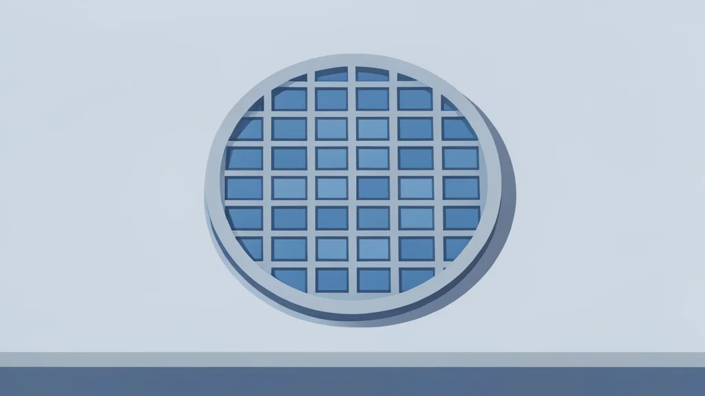 A close-up view of a silicon wafer with a grid of square chips, resting on a clean laboratory bench.