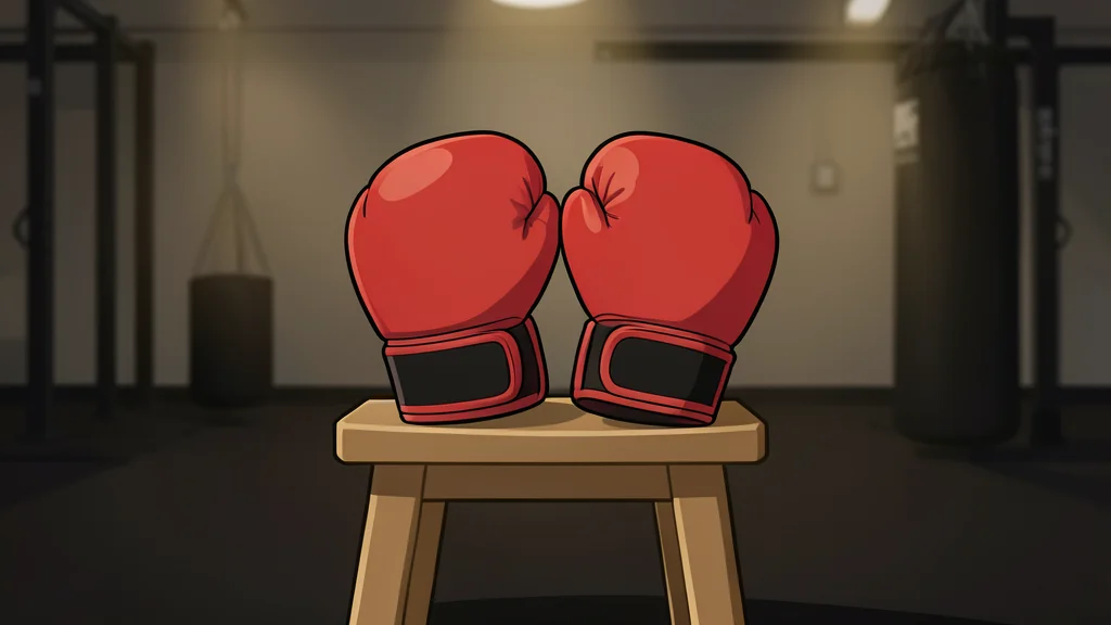 A pair of red leather boxing gloves resting on a wooden stool in a dimly lit gym
