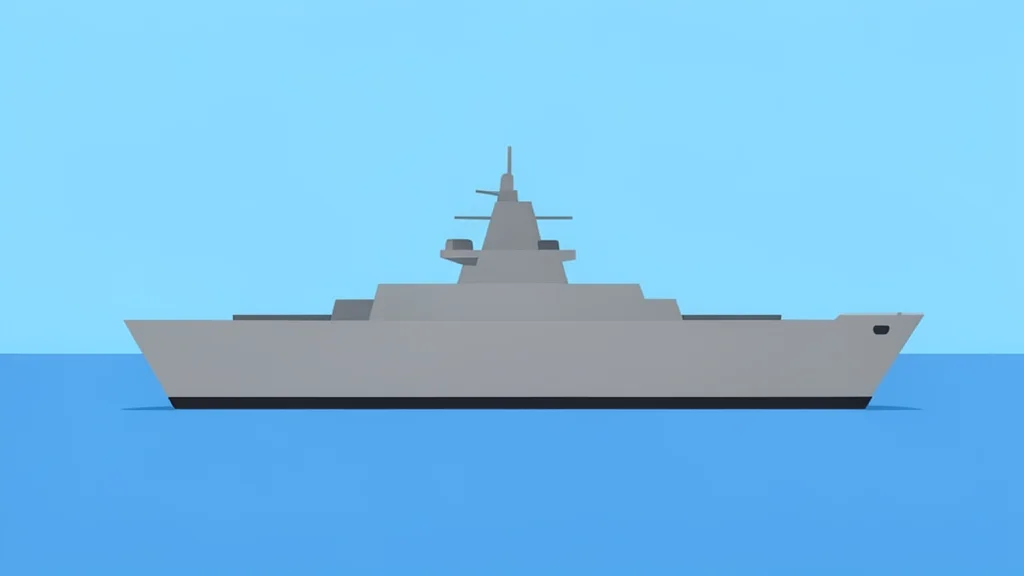 A modern naval warship anchored in a calm harbor with a clear sky