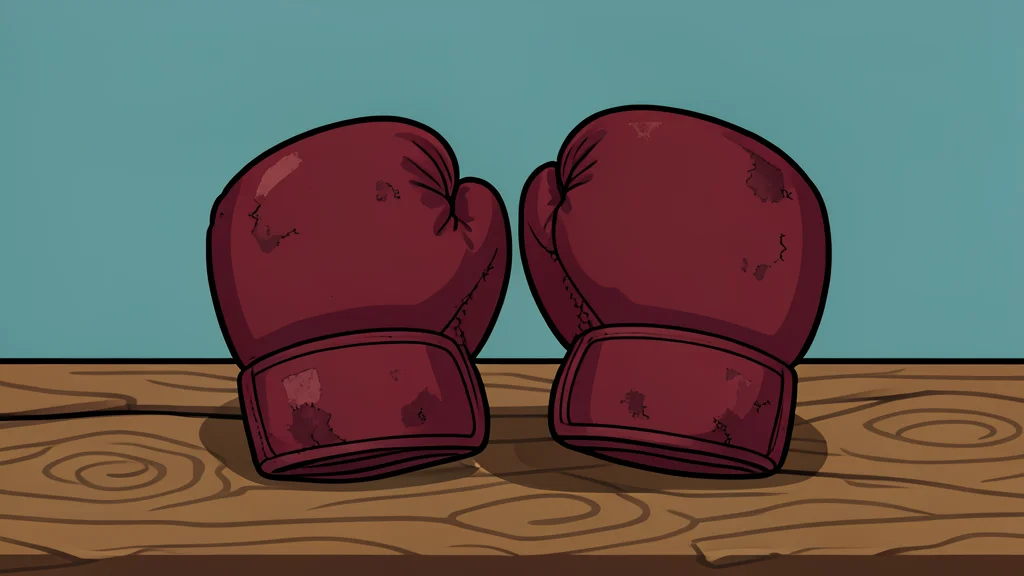 A pair of heavy leather boxing gloves resting on a wooden table
