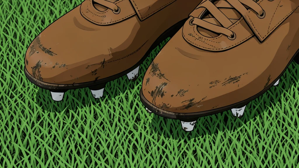 A worn leather football resting on green artificial turf