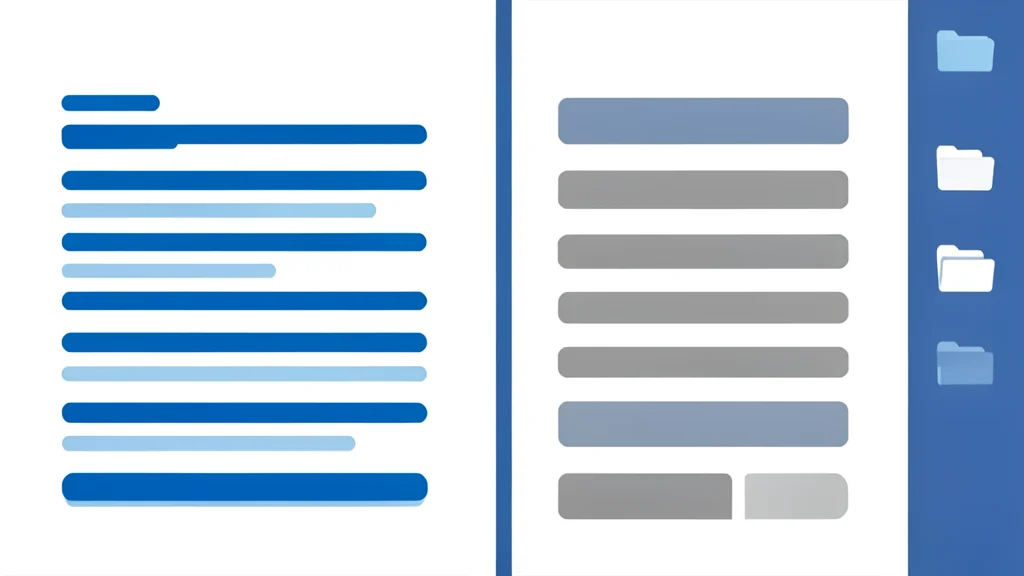 A split-screen view of a text editor interface showing two columns of plain text lines and a sidebar with folder icons