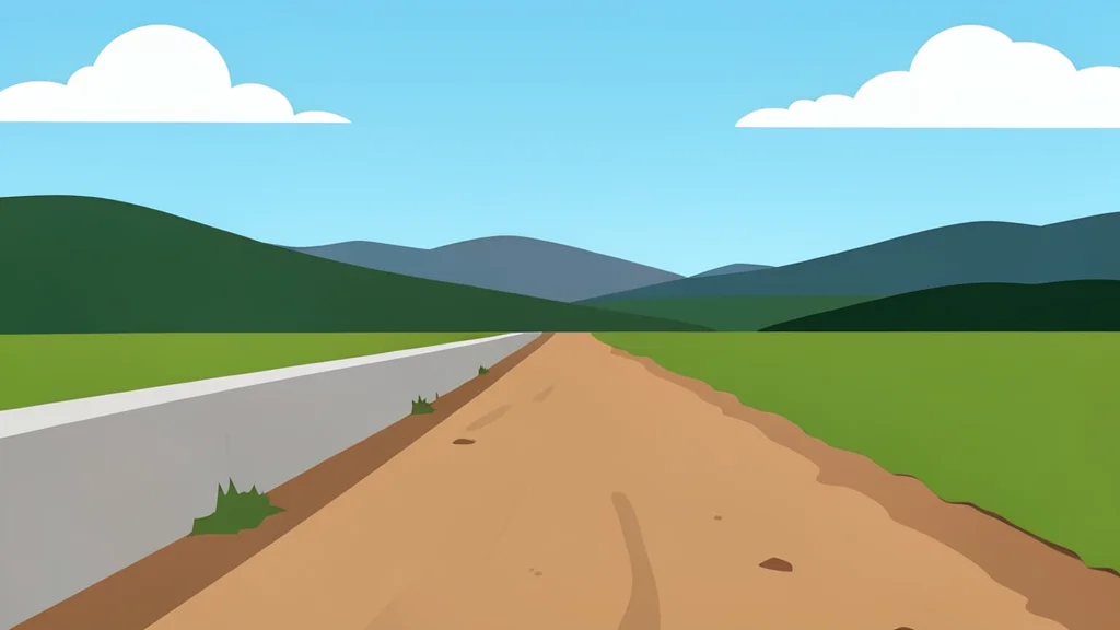 A flat vector illustration of a rural dirt road stretching toward distant hills, featuring a low concrete barrier in the foreground.