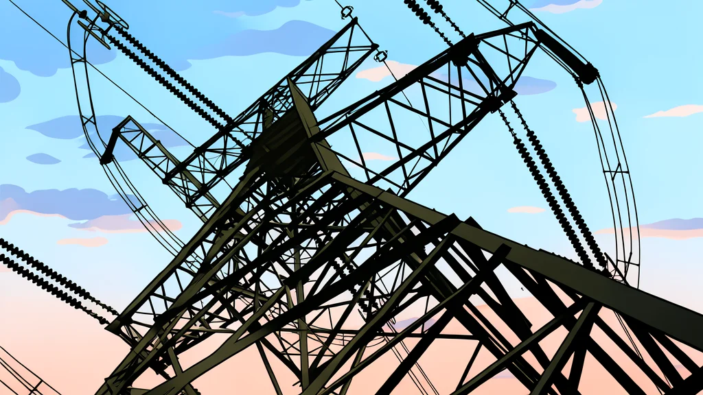 A high-voltage electricity pylon standing on a grassy hillside overlooking a calm blue ocean horizon.