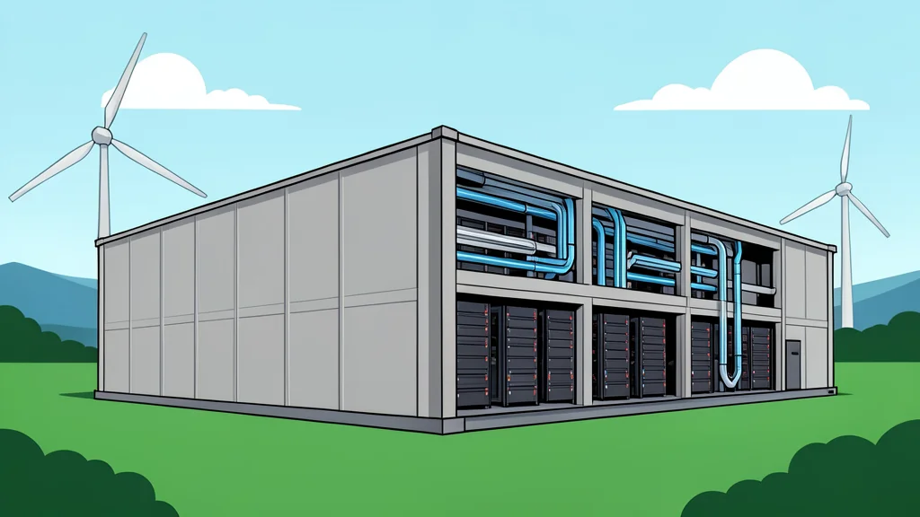 A large modular industrial building with visible liquid cooling pipes, situated in a landscape with wind turbines in the background.