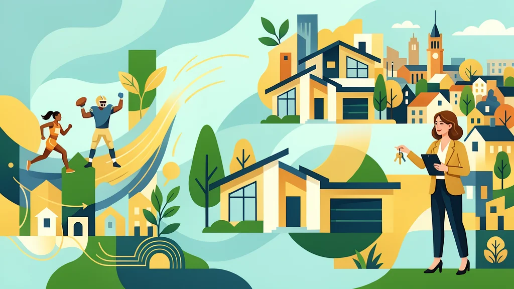A flat vector illustration of suburban houses with green lawns and a university building in the background.