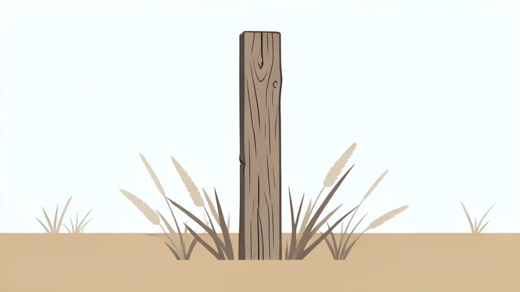 A weathered wooden fence post standing in a dry, grassy field.