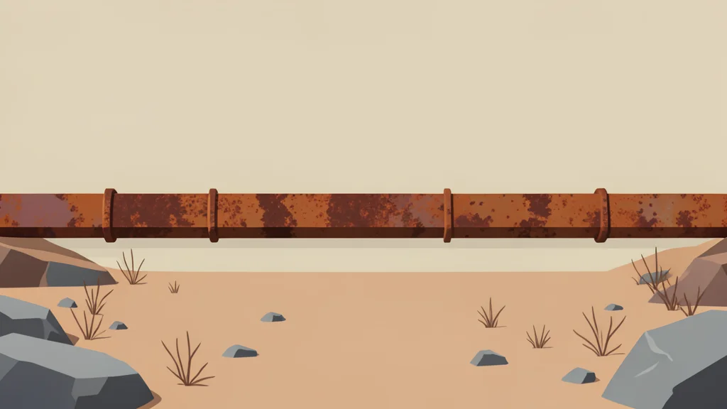 A long, rusted steel pipeline stretching across a dry, rocky desert landscape under a hazy sky.