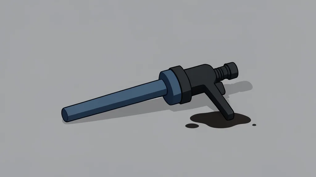 A fuel pump nozzle resting on a concrete surface next to a puddle of liquid