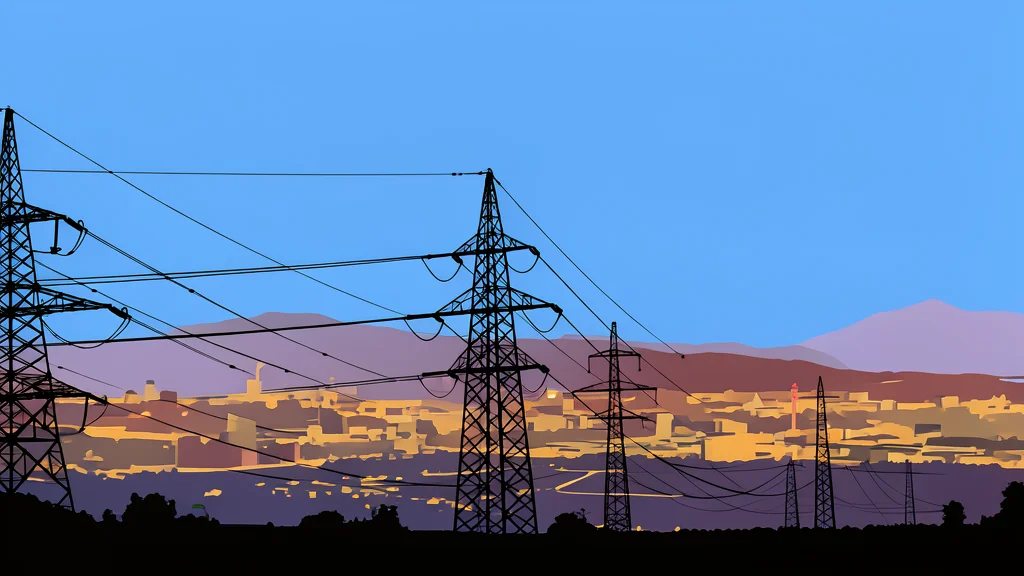 A high-voltage electricity pylon standing in a grassy field with power lines stretching into the distance