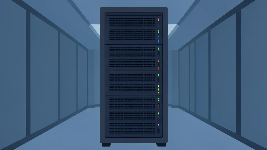 A server rack standing in a dimly lit, empty data center corridor