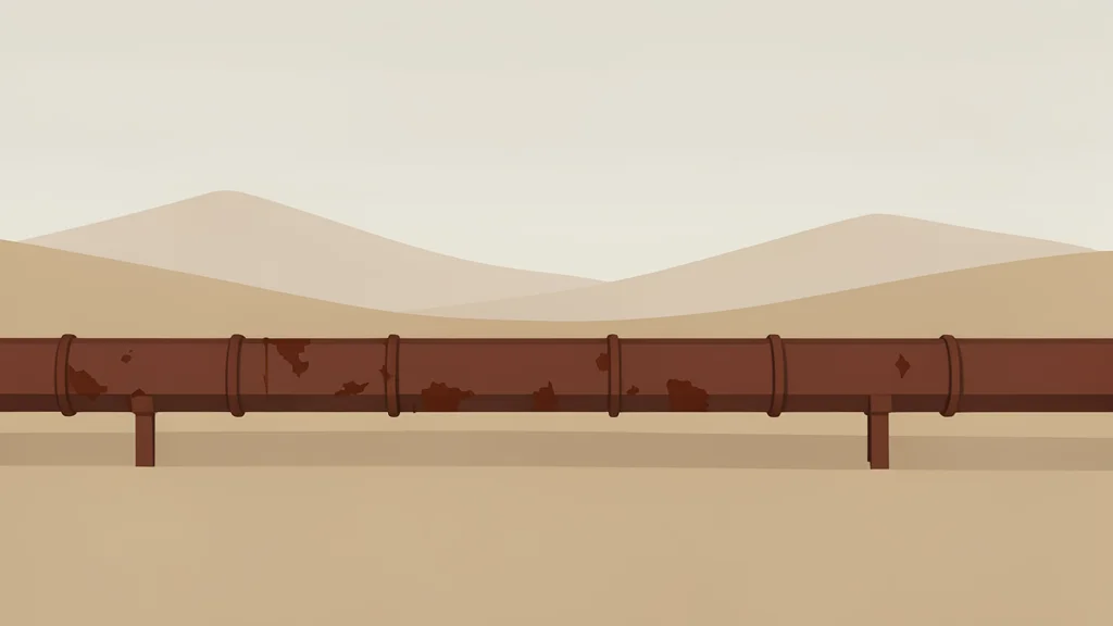 A long, rusted steel pipeline stretching across a dry, arid desert landscape under a hazy sky.