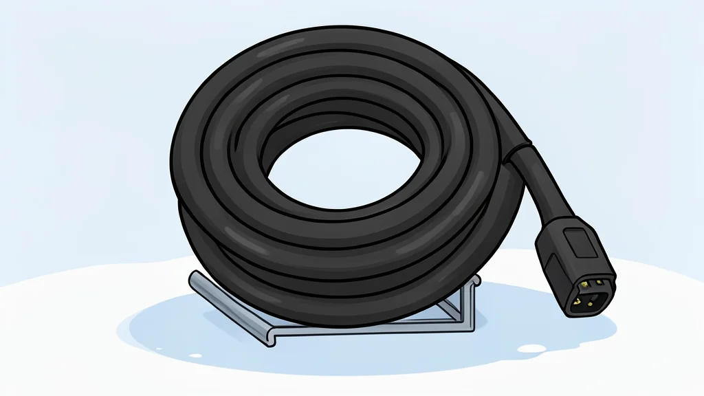 An electric vehicle charging station with a cable plugged into a car port, set against a snowy landscape