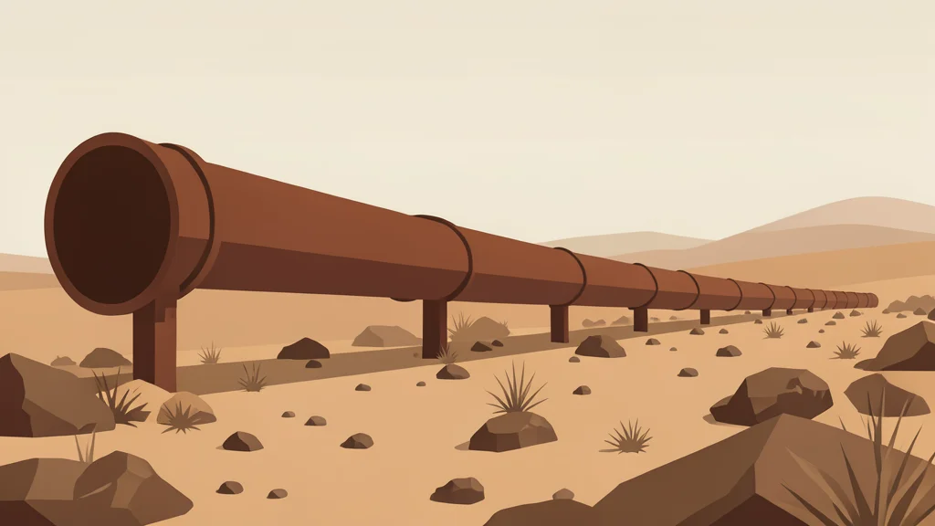 A long, rusted steel pipeline stretching across a dry, rocky desert landscape under a hazy sky.
