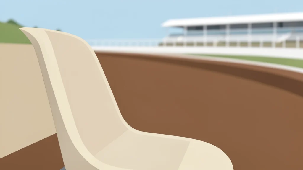 A grandstand seating area at a horse racing track with empty seats and a view of the dirt track