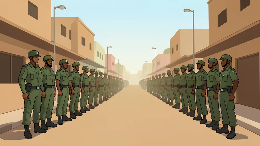A dusty street in a West African city with a line of uniformed security personnel standing guard