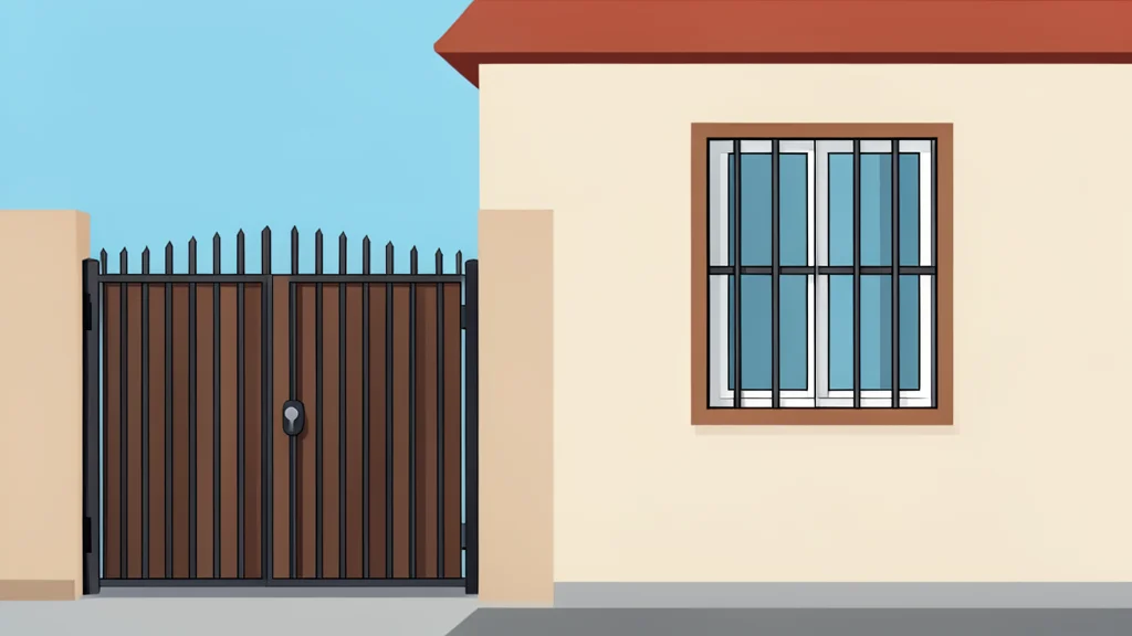 A flat-vector illustration of a hotel exterior with a locked gate and a single barred window, rendered in muted tones.