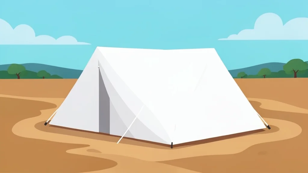 A white medical tent pitched on uneven, dusty ground in a rural landscape