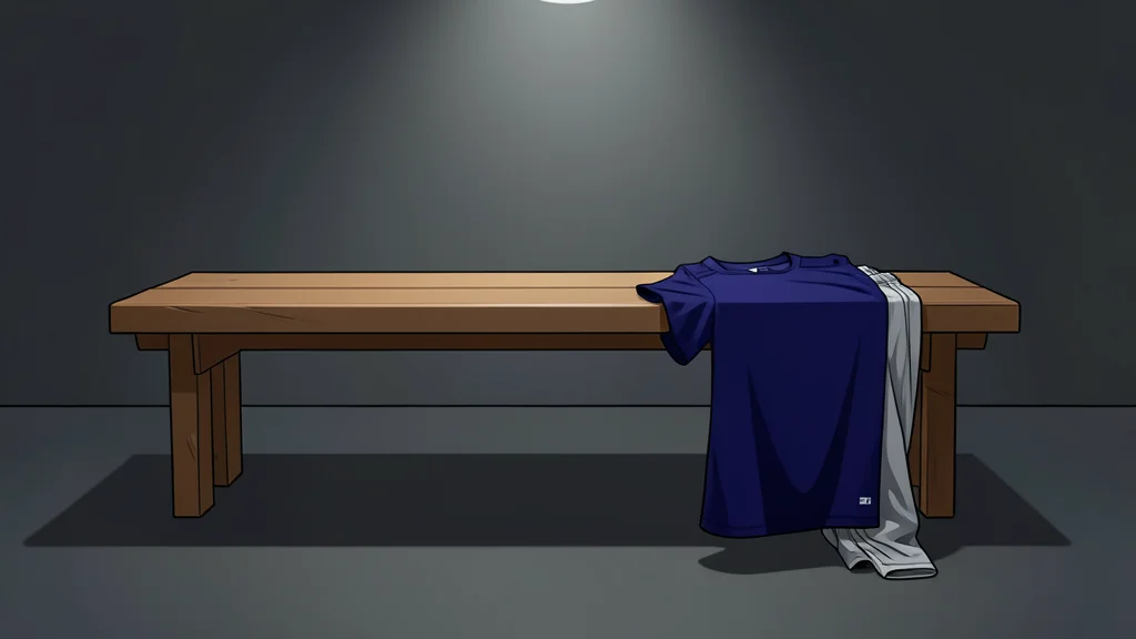 A pair of silver athletic pants and a navy blue jersey hanging on a wooden hanger in a locker room