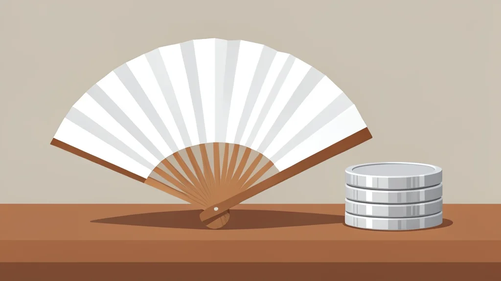 A traditional Japanese paper fan resting on a wooden desk next to a stack of silver coins