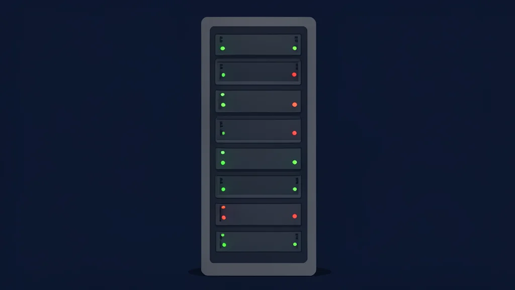 A tall server rack with blinking green and red status lights in a dark room