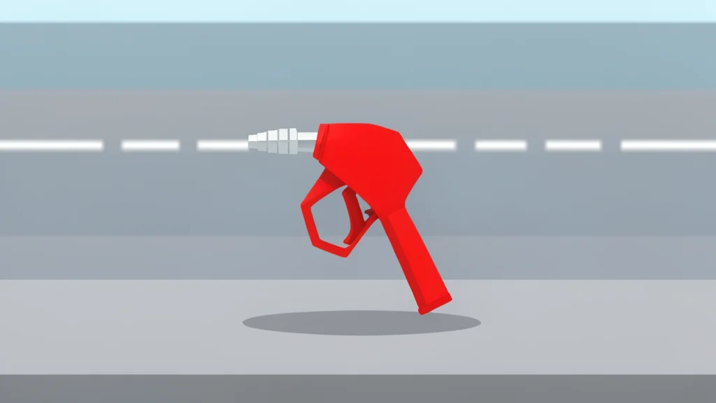 A gas pump nozzle resting on a concrete surface next to a blurred background of a highway.
