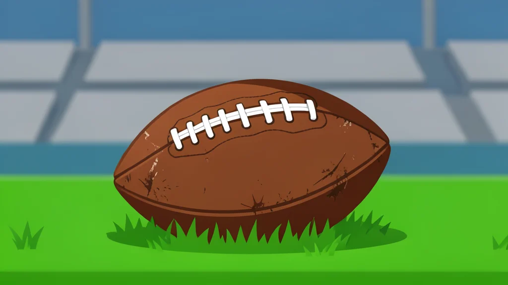 A football resting on the grass of a stadium field