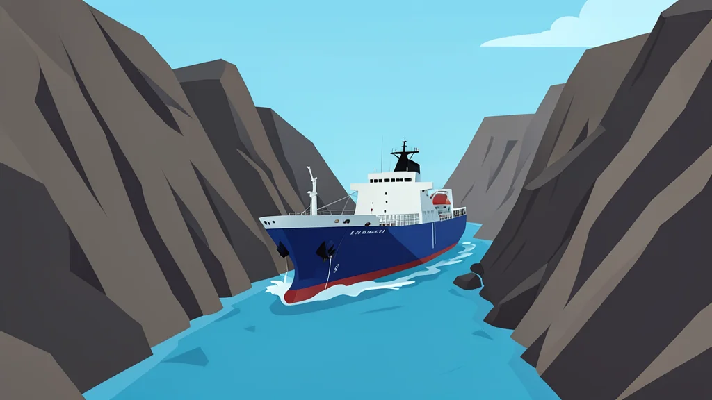 A supertanker ship navigating through a narrow, rocky strait