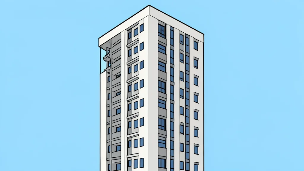 A high-rise residential building with a large section of the facade missing, revealing the raw concrete framework of the structure.