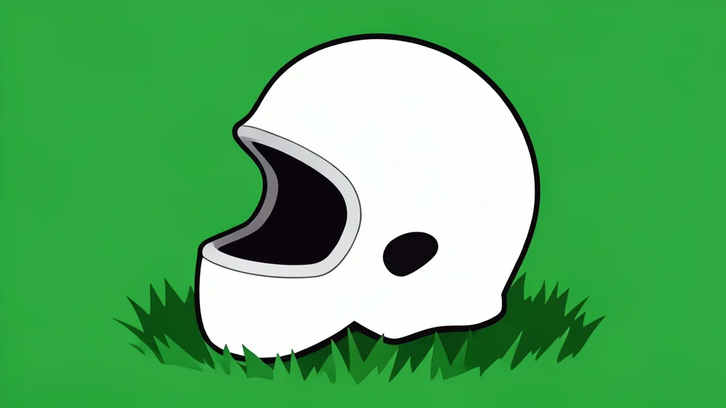 A close-up of a white football helmet with a dark facemask resting on green artificial turf.