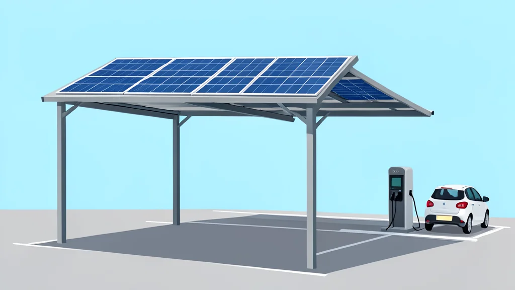 A solar panel array mounted on a metal canopy structure over a parking area, with a sleek electric vehicle charging station connected to a battery storage unit nearby.
