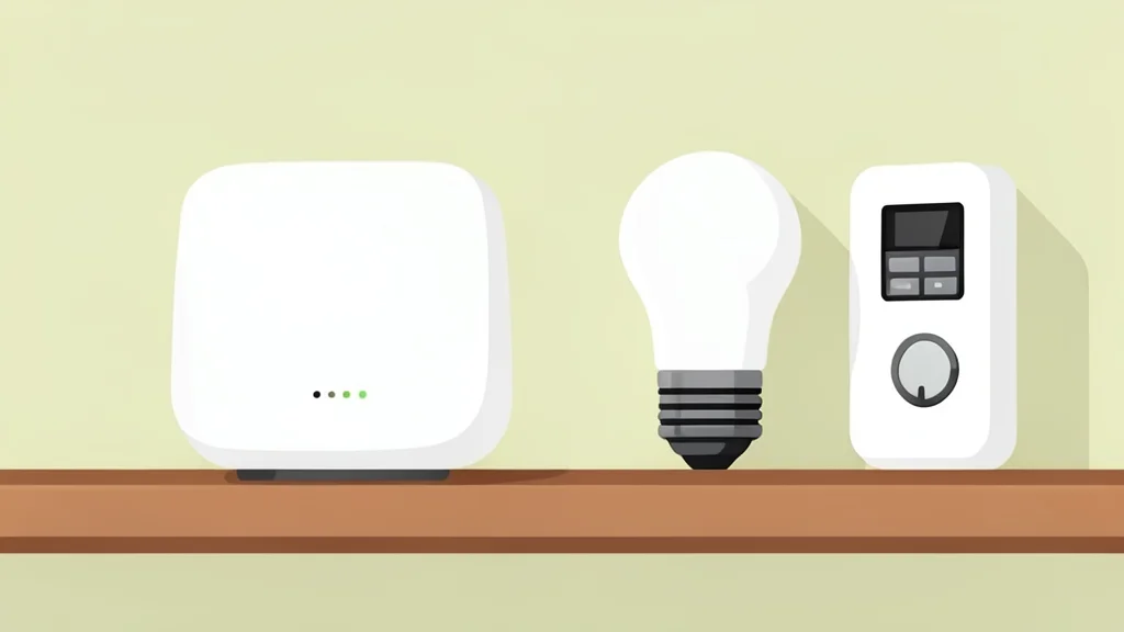 A white smart home hub device sitting on a wooden shelf next to a smart light bulb and a smart door lock