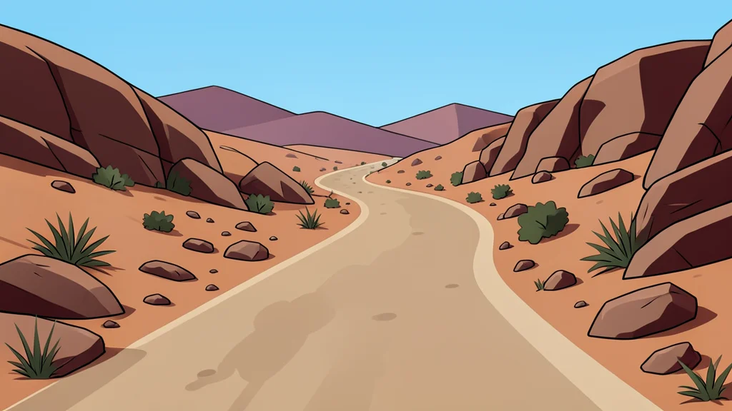 A dusty, unpaved road winding through a rocky, arid landscape with sparse vegetation