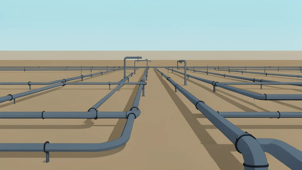 A flat vector illustration of a vast network of industrial pipelines stretching across a flat, featureless landscape.