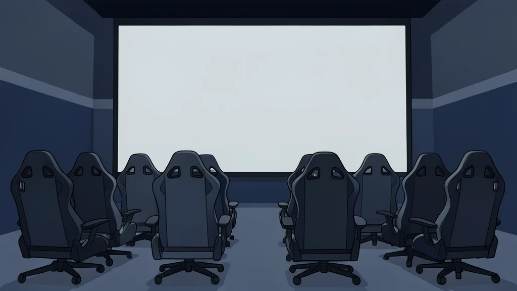 A row of sleek gaming chairs facing a large blank screen in a dark room