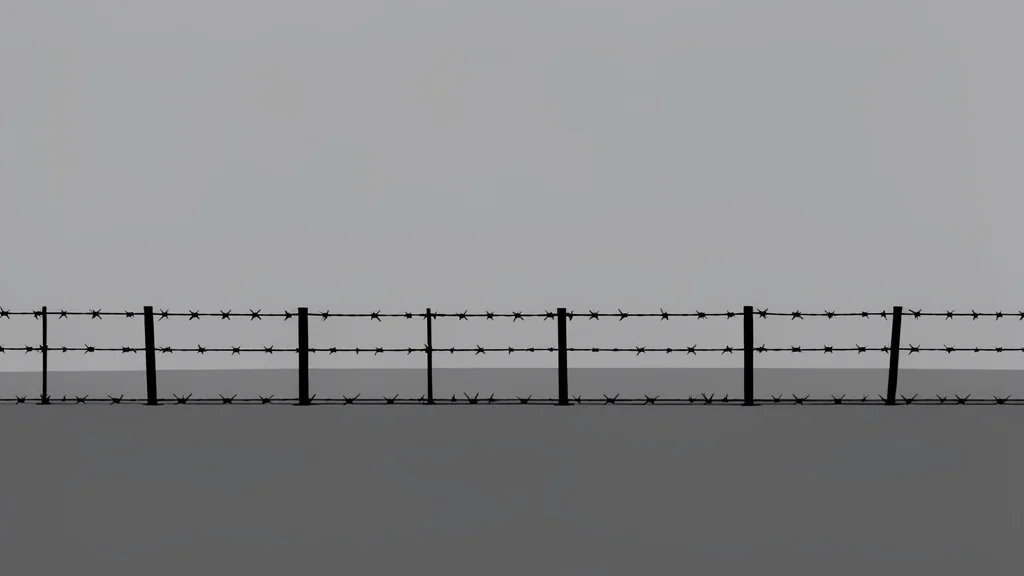 A barbed wire fence stretching across a grey, overcast field