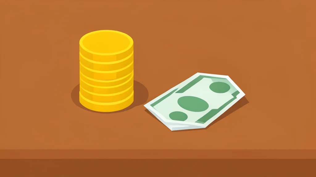 A stack of gold coins and a single banknote resting on a polished wooden desk
