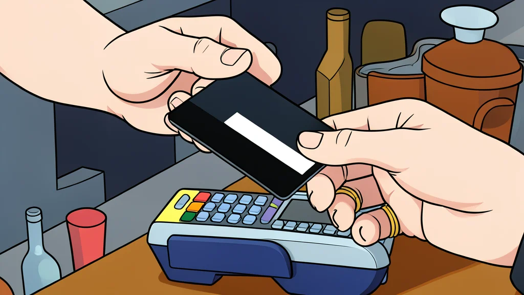 A stylized flat vector illustration of a digital credit card resting on a wooden desk surface next to a simple calculator.