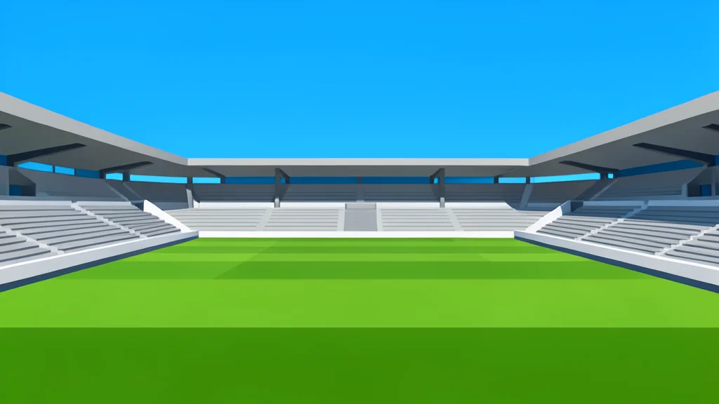 A modern stadium exterior with a large open field and empty seating stands under a clear sky